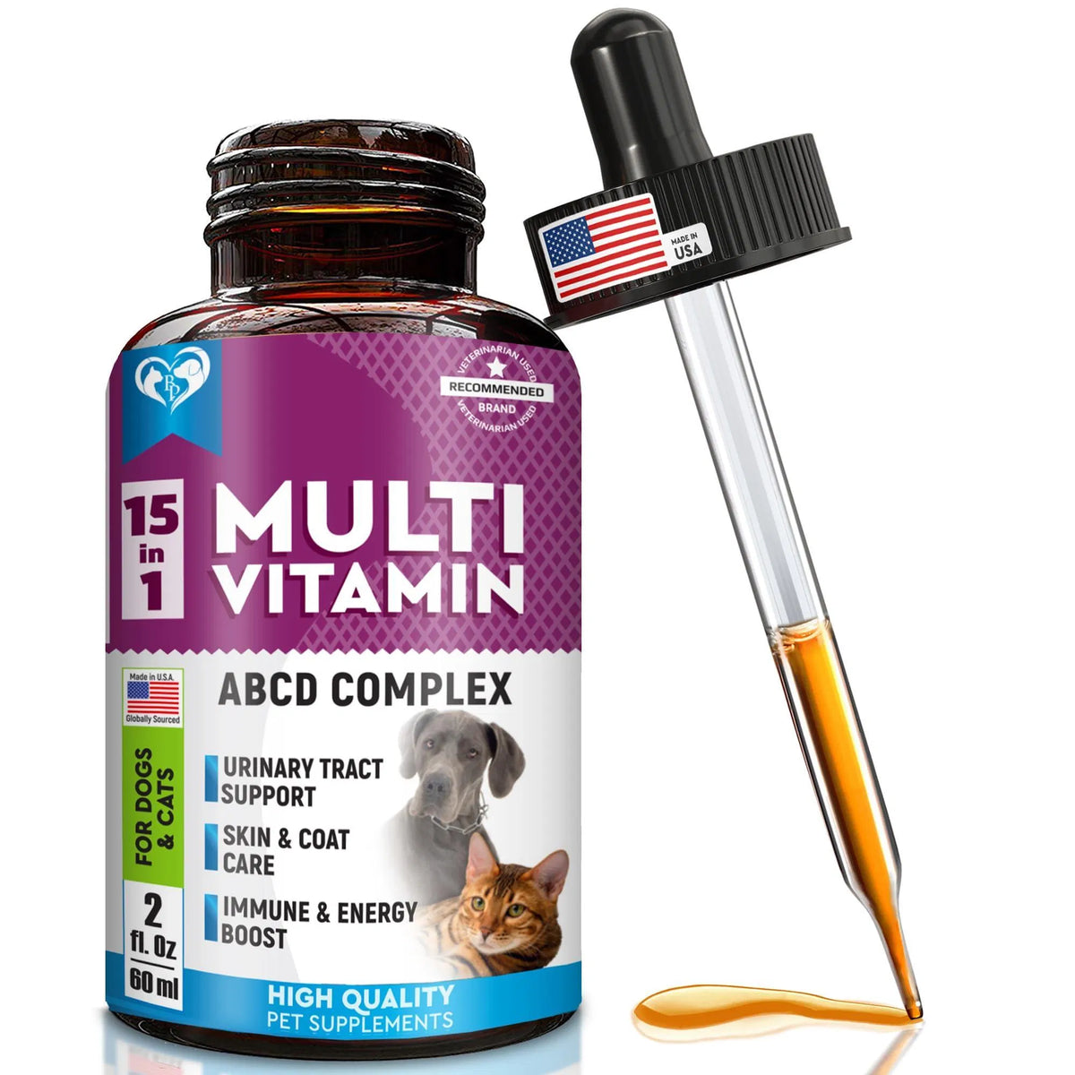 Cat And Dog Multivitamin Liquid With Glucosamine & Cranberry 15 In 1 Health Supplements For Urinary Tract Kidney Bladder Hip And Joint Skin And Coat 60 Ml