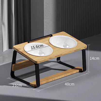 Ceramic Double Bowl Pet Water Feeding Bowl Protect Cervical Spine Cat Food Holder