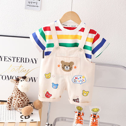 Boys' Summer Casual Suspender Trousers Short Sleeve Suit